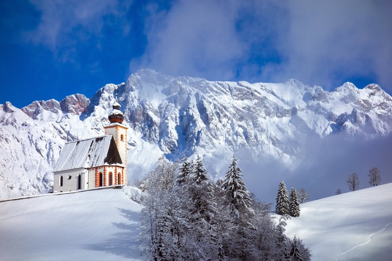 mountains, Berchtesgaden National Park, nature, church, winter, snow