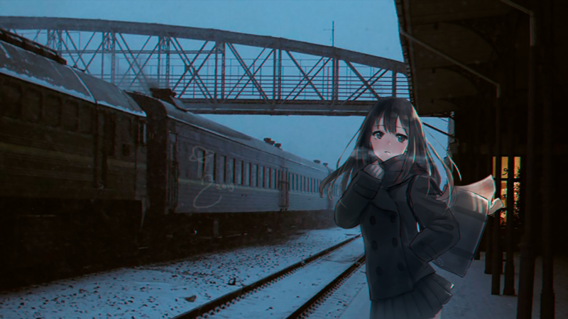 anime, anime girls, waiting, train, train station, cold, winter