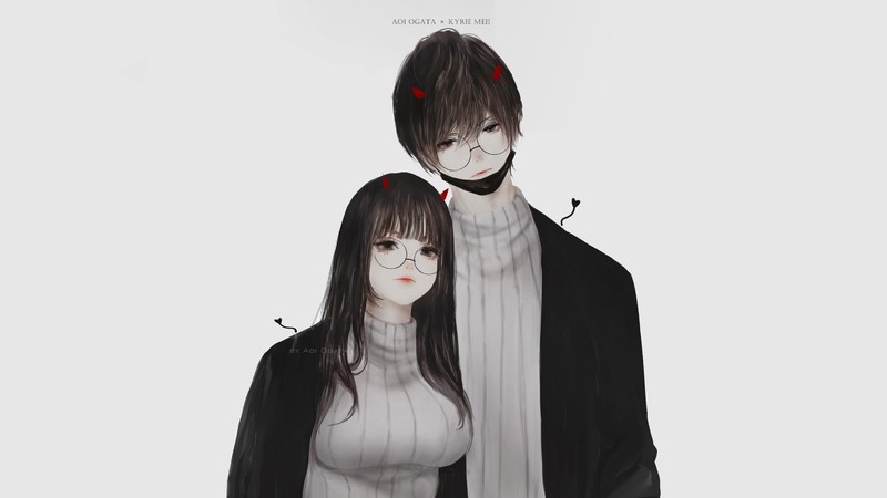 Aoi Ogata, artwork, digital art, looking at viewer, simple background, minimalism, gray background, men with glasses, romance, Kyrie Meii, demon horns, big boobs, face