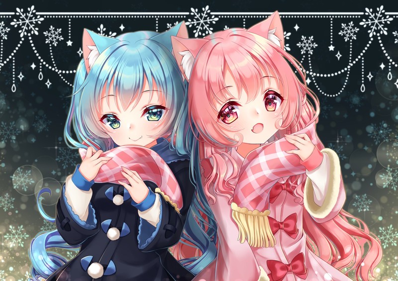 blue hair, redhead, red eyes, neko ears, green eyes, scarf
