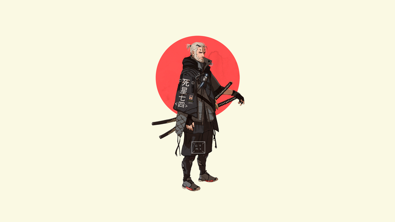 The Witcher, minimalism, Geralt of Rivia, simple background, Japanese characters, katana, white background