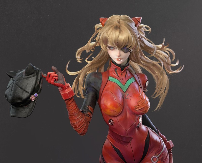 blonde, anime girls, anime, eyepatches, artwork, realistic, render, Qi Sheng Luo, Asuka Langley Soryu, Neon Genesis Evangelion