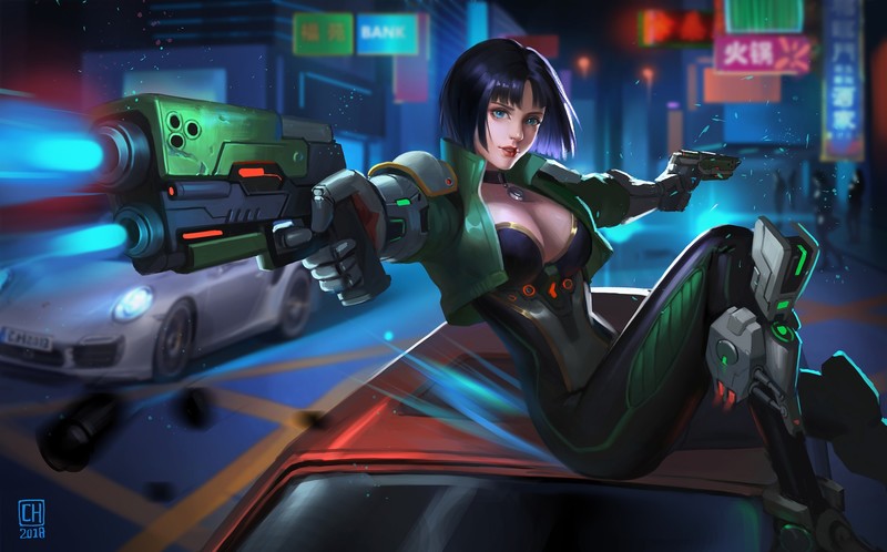 artwork, ArtStation, car, gun, weapon, women, blue eyes, dark hair, necklace, futuristic, cleavage, Porsche, Porsche 911, cyberpunk, Porsche 991