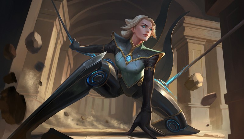 artwork, fantasy art, fantasy girl, blonde, warrior, League of Legends, low-angle, Camille (League of Legends)