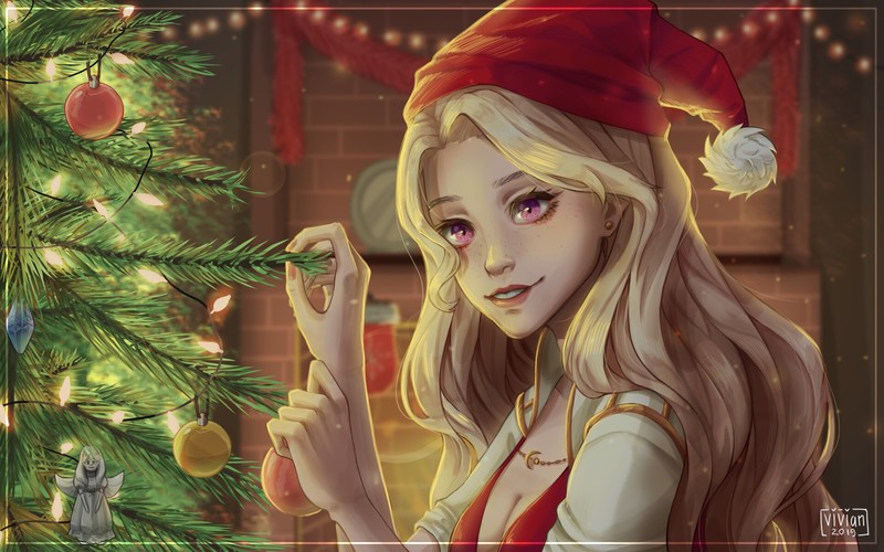 Santa hats, Christmas, women, blonde, artwork, purple eyes, long hair, 2019 (Year), Vivian Lawrence