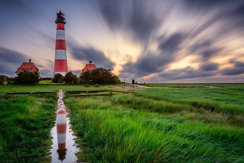 outdoors, grass, lighthouse, sky, building, reflection