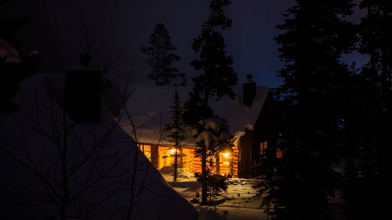 house, night, forest, winter, snow, trees, 4k