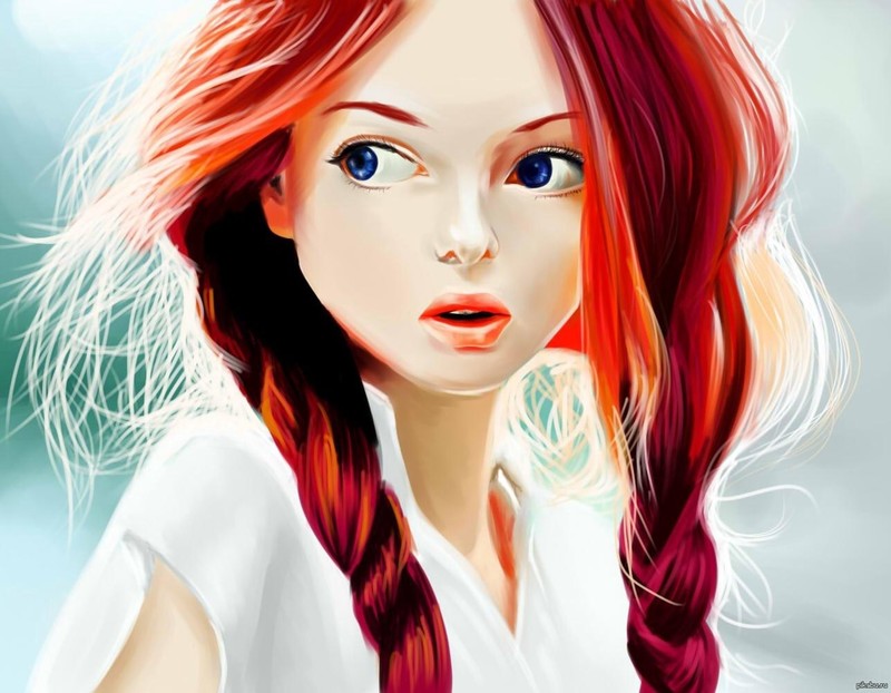 digital, women, redhead, blue eyes