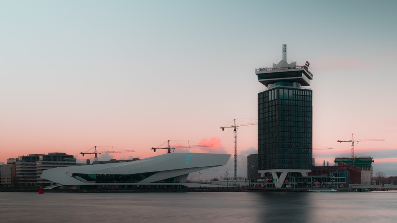 Amsterdam, building, city, museum, tower, water, long exposure, winter, sunset