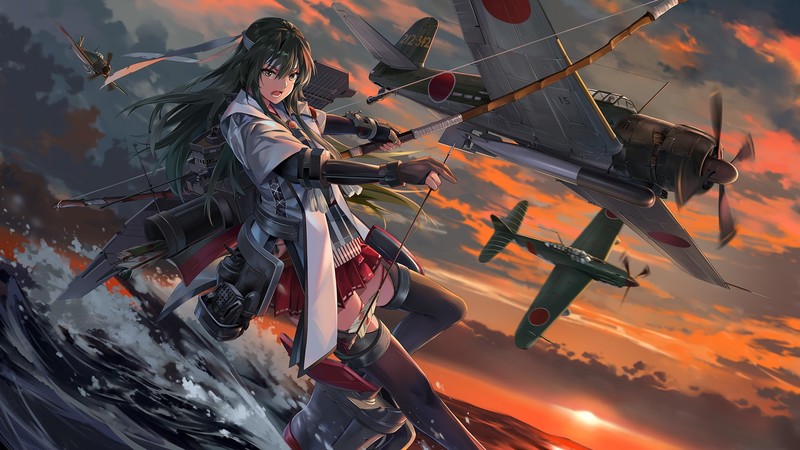anime, anime girls, digital art, 2D, artwork, portrait, aircraft, vehicle, dark hair