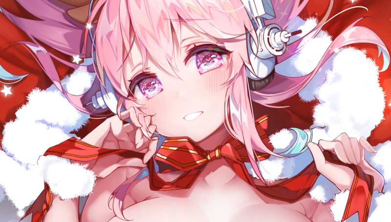 anime, anime girls, digital art, 2D, artwork, portrait, headphones, pink eyes, pink hair