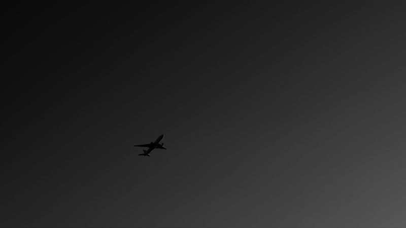 plane, bw, sky, flight, dark, minimalism, 4k