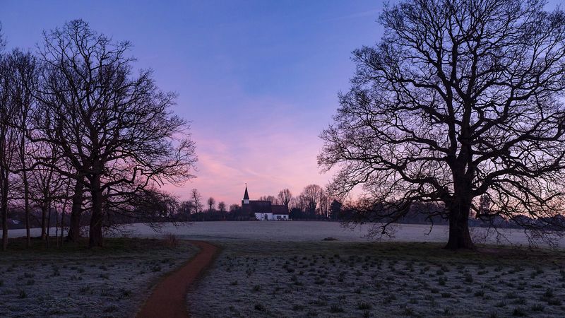 church, sunset, trees, grass, frost, 4k