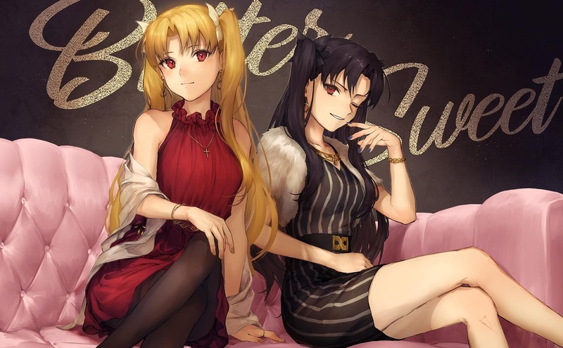 Fate Series, FGO, Fate/Grand Order, anime girls, long hair, blond hair, black hair, red eyes, twintails, Ereshkigal (Fate/Grand Order), Ishtar (Fate Grand Order), pantyhose, thigh-highs, looking at viewer, fan art, 2D