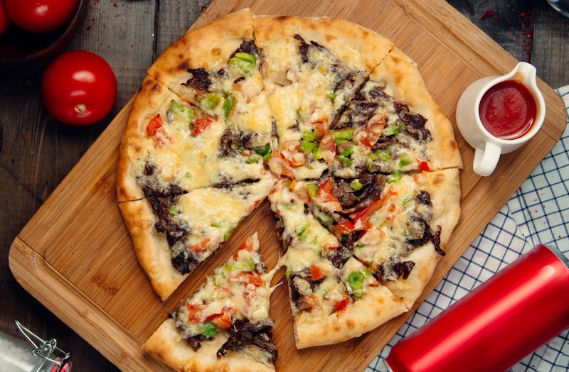 food, tomatoes, pizza, cheese, meat, top view