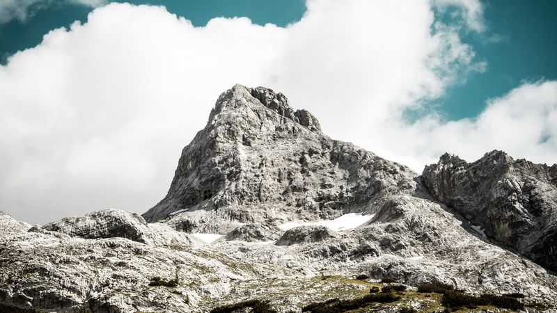 mountain, peak, sky, clouds, stones, 4k