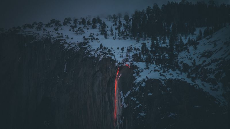 lava, volcano, cliff, fog, snow, winter, 4k