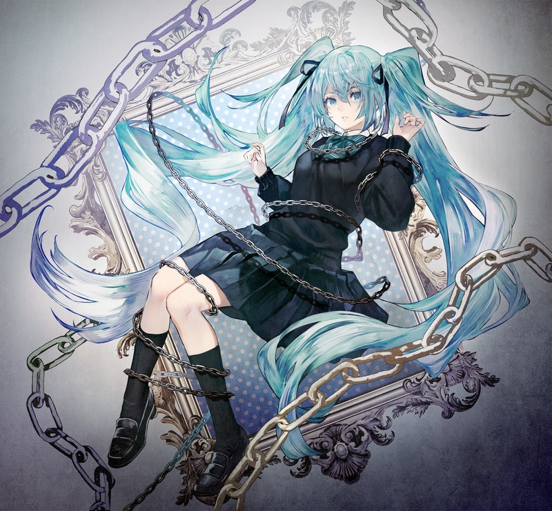anime, anime girls, digital art, artwork, 2D, portrait display, vertical, fantasy girl, blue hair, chains, long hair