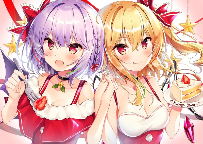 anime, anime girls, digital art, artwork, 2D, portrait, Touhou, Remilia Scarlet, Flandre Scarlet, Christmas, strawberries, cake, red eyes, purple hair, blonde, food, sweets, fork, open mouth