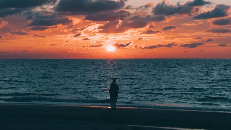 sunset, sea, silhouette, horizon, solitude, loneliness, 4k