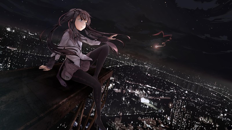 anime, anime girls, sky, landscape, city, night, lights, sitting