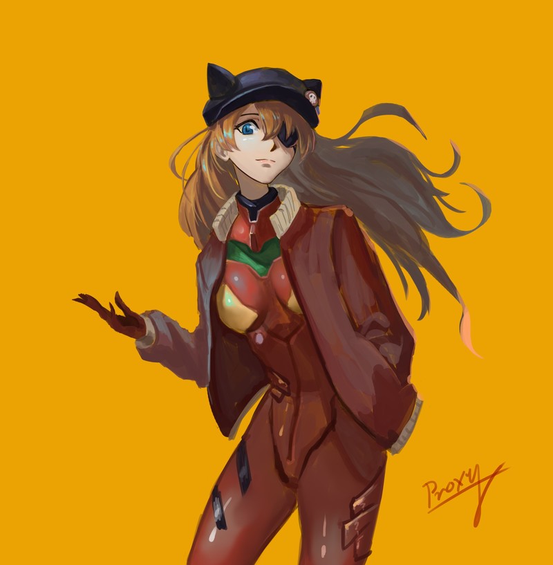 Neon Genesis Evangelion, anime girls, small boobs, simple background, long hair, redhead, plugsuit, eye patch, looking at viewer, Asuka Langley Soryu, fan art, 2D, blue eyes, Asuka Langley Shikinami