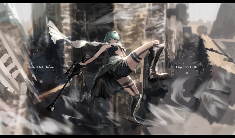 Sword Art Online, anime girls, small boobs, short hair, blue hair, Sinon (Sword Art Online), Asada Shino, fan art, 2D, Gun Gale Online, girls with guns, sniper rifle