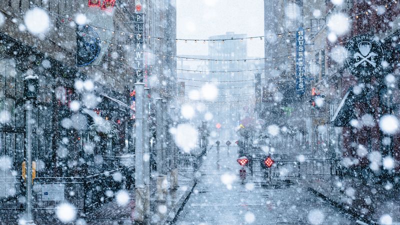 snowfall, snow, street, city, winter, 4k