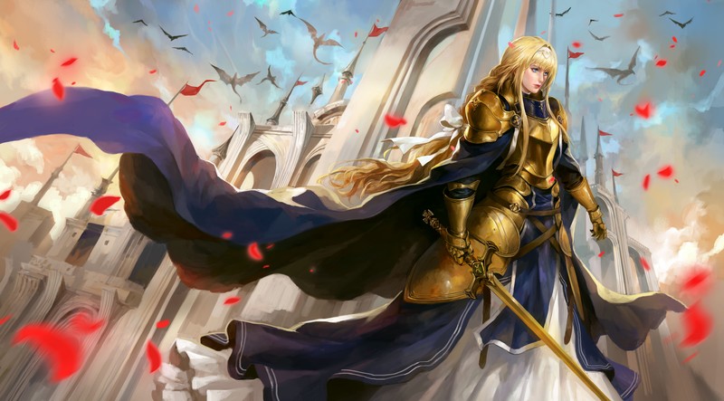 Sword Art Online, Sword Art Online Alicization, anime girls, women with swords, armor, small boobs, long hair, blond hair, Alice Zuberg, fan art, 2D, blue eyes, rose petals