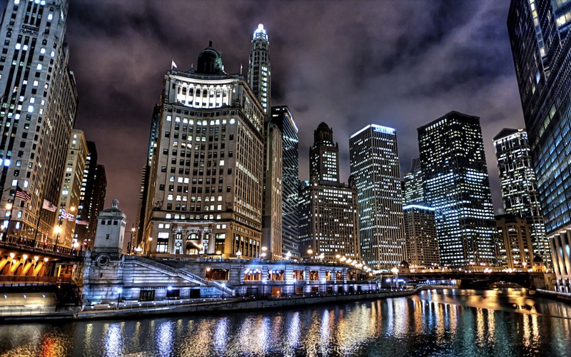 town, night view, Chicago, USA, low-angle, cityscape