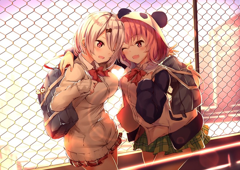 anime, anime girls, digital art, artwork, 2D, portrait, pink hair, backpacks