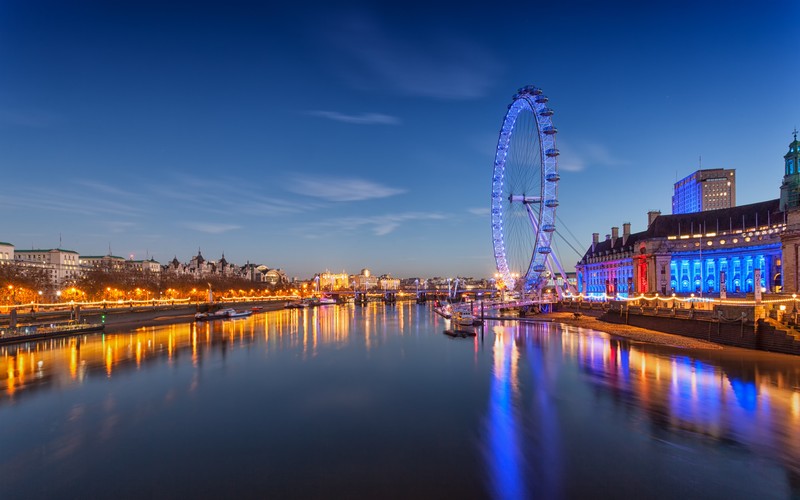 town, night view, River Thames, London, UK, river, ferris wheel