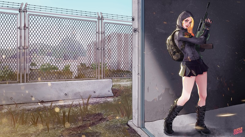 thighs, miniskirt, weapon, machine gun, anime girls, anime, hoods