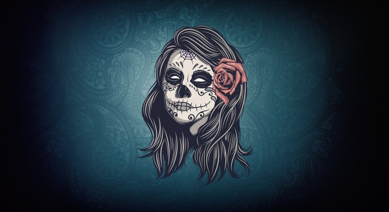 women, artwork, flower in hair, Dia de los Muertos, skull