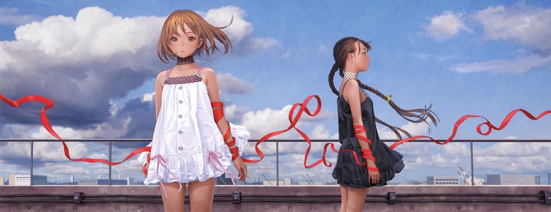 Murata Range, Futurelog, anime, anime girls, short hair, braided hair, black dress, white dress, choker, ribbon, cityscape, clouds, sky