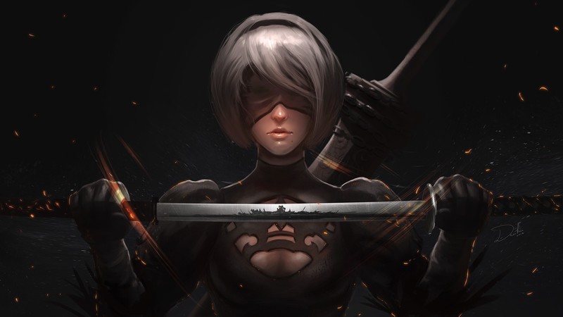 Nier: Automata, fantasy girl, illustration, artwork, 2B (Nier: Automata), frontal view