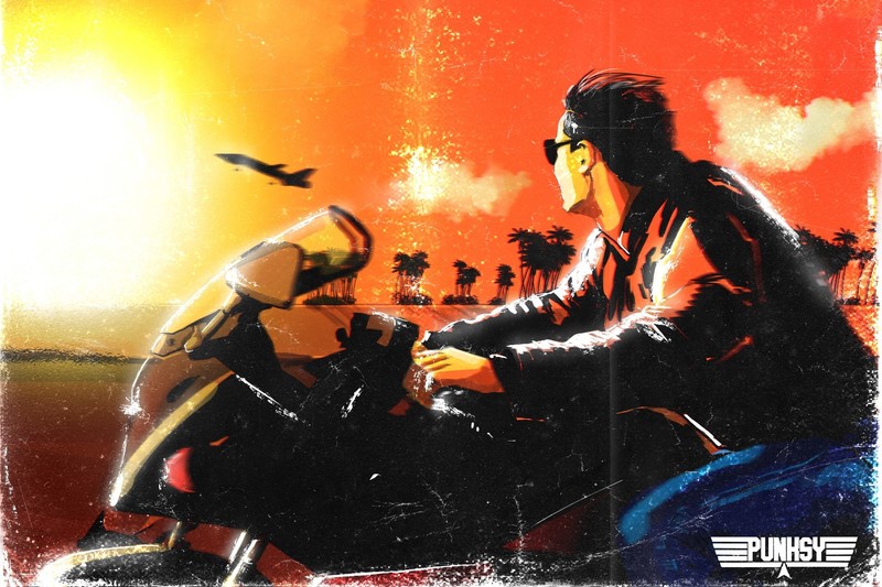 Top Gun, artwork, movies, motorcycle, Retrowave, Sergey Orlov