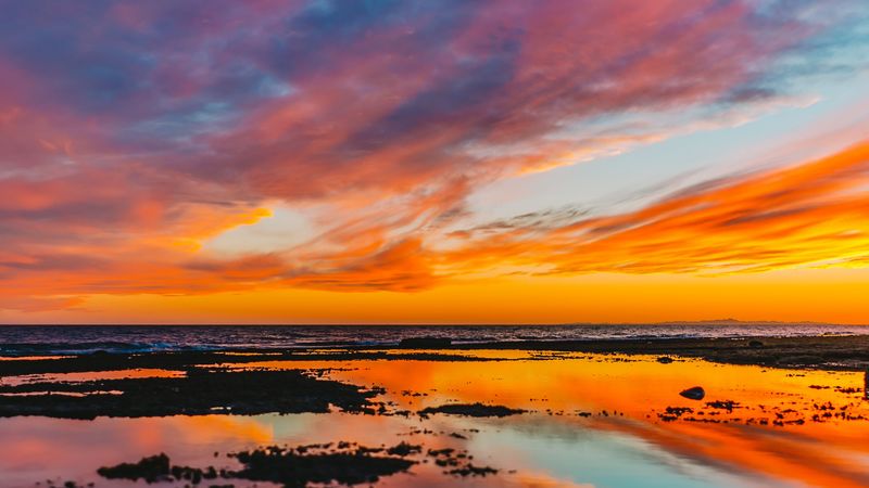 water, horizon, sunset, sky, 4k