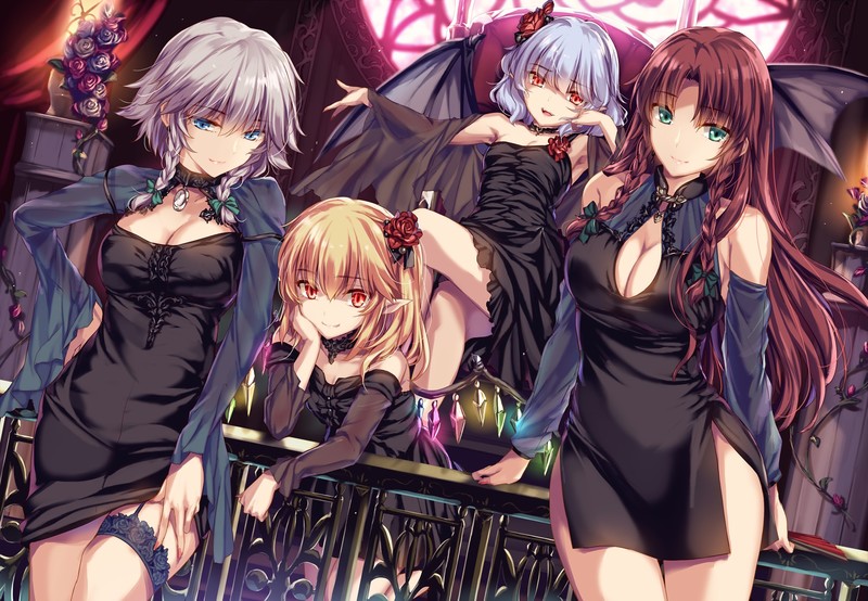 anime, anime girls, digital art, 2D, artwork, portrait, Touhou, Izayoi Sakuya, Flandre Scarlet, Remilia Scarlet, Hong Meiling