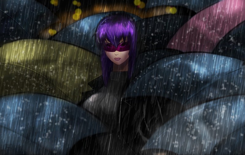 dark, colorful, artwork, umbrella, cyberpunk, anime girls, anime, purple hair, mask, Kusanagi Motoko, Ghost in the Shell, Motoko Kusanagi