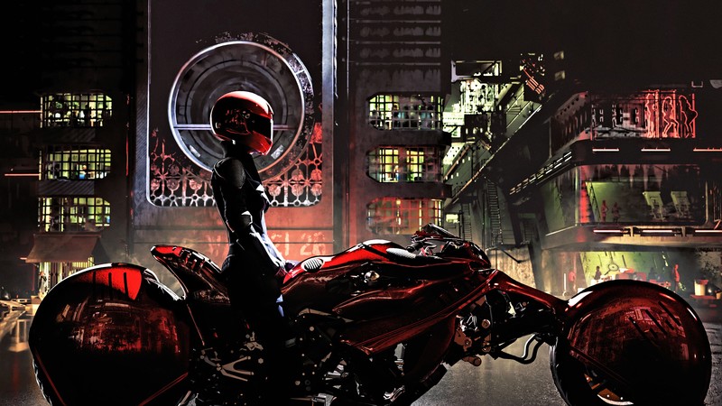 futuristic, science fiction, digital art, concept art, artwork, fantasy art, fan art, 3D, CGI, cyberpunk, cyber, painting, realistic, closeup, futuristic city, cityscape, urban, city, dark, night, fantasy girl, women, vehicle, side view, motorcycle