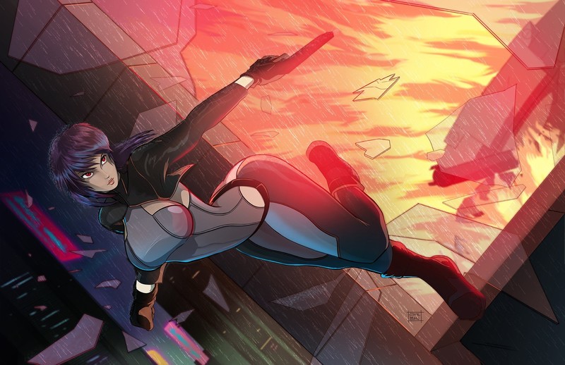 Esteban Barrientos, cyberpunk, cyborg, artwork, red eyes, gun, fire, big boobs, anime girls, Kusanagi Motoko, Motoko Kusanagi, Ghost in the Shell
