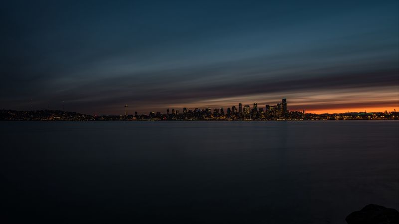 night city, city lights, panorama, coast, seattle, united states, 4k