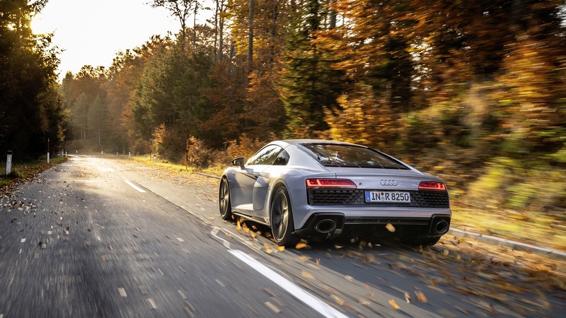 Audi R8 V10, car, vehicle, road, motion blur, forest, Audi R8 Type 4S