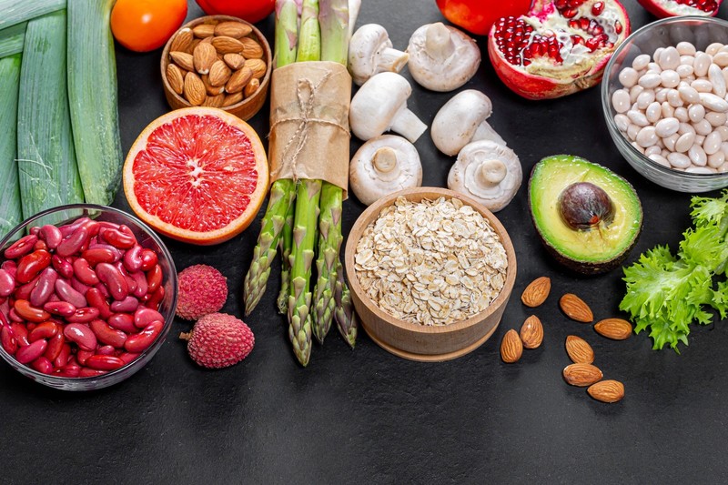 food, fruit, vegetables, nuts, grapefruits, asparagus, mushroom, pomegranate, avocados, beans, Leek, oatmeal