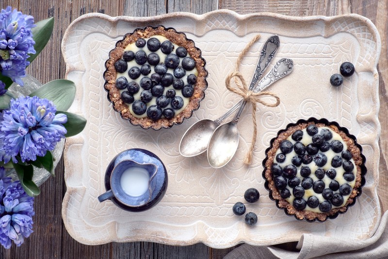 still life, food, spoon, sweets, cake, fruit, berries, top view, flowers, blueberries