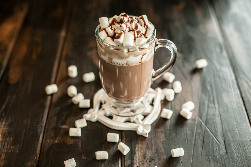 food, sweets, chocolate, drinking glass, marshmallows, wooden surface