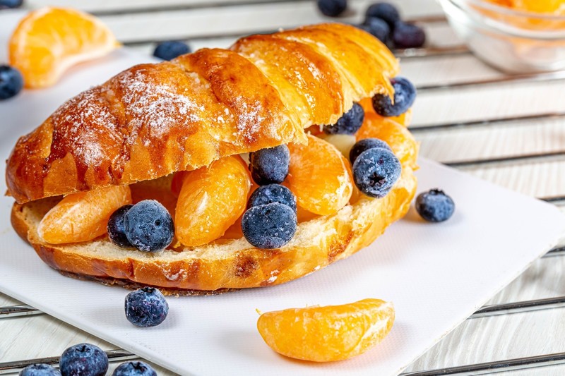 food, sweets, fruit, berries, croissants, blueberries, orange (fruit), sugar