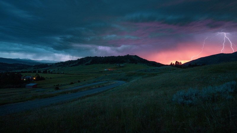 sunset, night, lightning