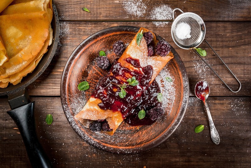 still life, food, sweets, fruit, berries, top view, crepes, sugar, mint leaves, blackberries, spoon, wooden surface